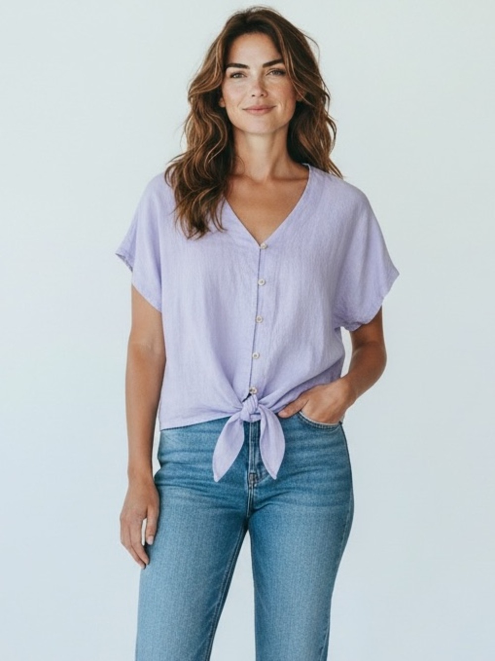 🆕 Cremieux 💯% linen shirt sleeve Tie-Front Button V-Neck Top